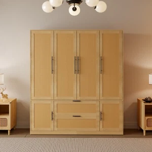 63"W Family 6-Door Wardrobe Armoires Closet 2 Drawer Storage Rattan Style - Picture 1 of 10