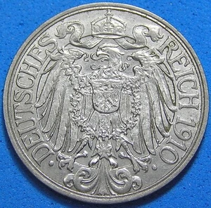 Germany Empire 25 Pfennig Coin 1910-A, Free Shipping For Additional Purchases - Picture 1 of 2