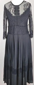 ZARA Black Lace Pleated Midi Dress XS NWT Sheer Sleeve Wedding Guest Party - Picture 1 of 8