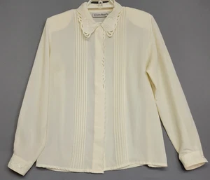 Vintage Claudia Richard Blouse Top Womens 8 Ivory Pleated Embroidered Buttons - Picture 1 of 11