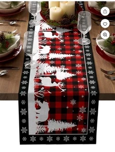 Christmas Plaid Table Runner Bear Deer Snowflakes Xmas Table Runner for Holiday - Picture 1 of 1