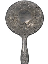 Antique Victorian Heavy Silver Hand Mirror Floral Scroll Hollywood Art Deco