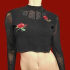 Vintage 90s Y2K Fairy Grunge Goth Crop Top Mesh sleeves Embroidered Roses size S