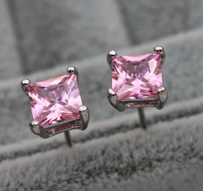 Pretty New White Gold Filled 6mm Pink Princess / Square Cut CZ Stud Earrings - Image 1 of 3