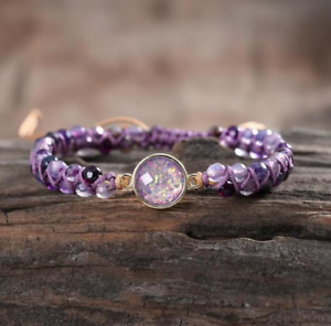 Braided Amethyst Beads Opal 2 strands Healing Reiki Women Girls Bracelet Gift