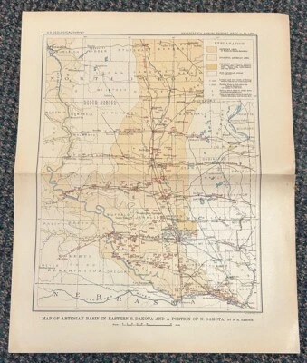 c1895 South North Dakota Map Of Artesian Basin - N H Darton - railroads towns - Image 1 of 2