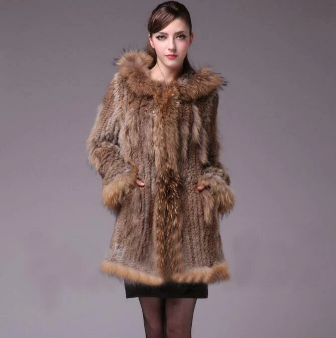 Luxury Women's Knitted Real Rabbit Fur Warm Outwear Hooded Woven Mid Long Jacket - Image 1 of 4