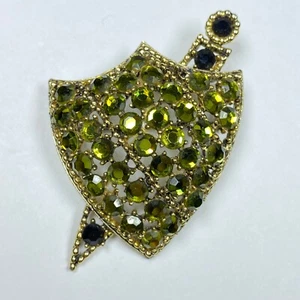 WEISS Gold Tone Vintage Shield Sword Pin Brooch Green Stones - Picture 1 of 10