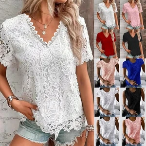 Plus Size Women Lace V Neck T-Shirt Ladies Summer Short Sleeve Solid Blouse Tops - Picture 1 of 43