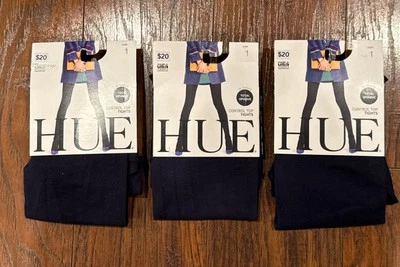 Hue Lot Of 3 $60 Total Opaque Control Top Tights Size 1  Navy 90 Denier - Imagem 1 de 4