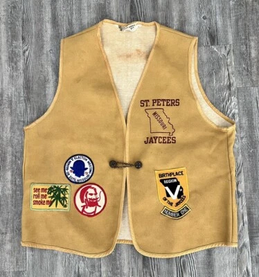 Vintage 80s Vest Adults Tan Velva Sheen Retro USA Made Patches - Image 1 of 4