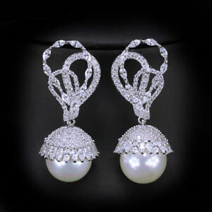 White CZ Big Round Leaf Pearl Dangle Drop Earrings for Women Costume Jewelry