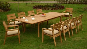 11 PC OUTDOOR TEAK DINING SET - 117" RECTANGLE EXTN TABLE,10 STACKING ARM CHAIRS - Picture 1 of 7
