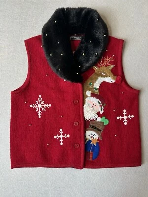 Lisa International Christmas Vest Petite L Faux Fur Removable Collar Boiled Wool - Image 1 of 4