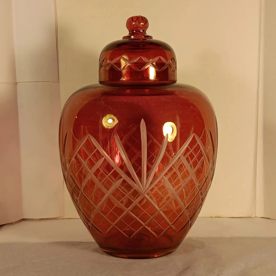Vintage Bohemian Ruby Red Cut Glass Jar w/ Lid Czech Republic 9.75" Late 20thC E - Image 1 of 4