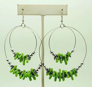 fashion Dangling silver Plated green Plastic silver Beads Double Hoop Earrings - Picture 1 of 4