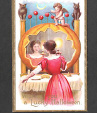 Halloween 1909 Lucky Lady Love Cupid Owl Cat US Conwell Mirror Antique PostCard