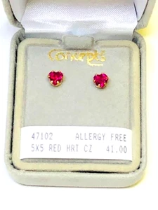 Concepts Non-Allergic 24K GP Surgical Stainless Steel 5mm Heart RED CZ Earrings - Picture 1 of 1
