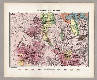 1885 Antique Map Volcanoes Of Central France-Virtue & Co Ltd London 13  X 10.5  • 25£