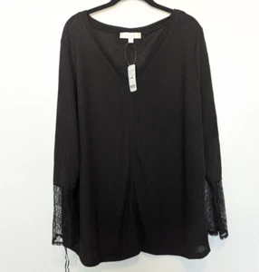 Suzanne Betro Top Womens Plus Size 3X Black Waffle Knit Lace Long Sleeve Fairy - Picture 1 of 11
