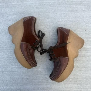 VTG 1970s Disco Platform Shoes Hippie Groovy Gum Sole Leather Size 7 Womens - Picture 1 of 6