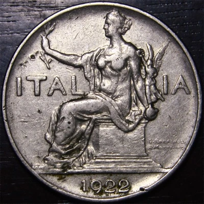 1922 年意大利 One 1 里拉坐姿女式左镍世界硬币 — 第 1/2 张图片