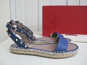 NIB $695 Valentino Rockstud Ankle strap Espadrille Sandals Flat EU 39 US 9 Blue