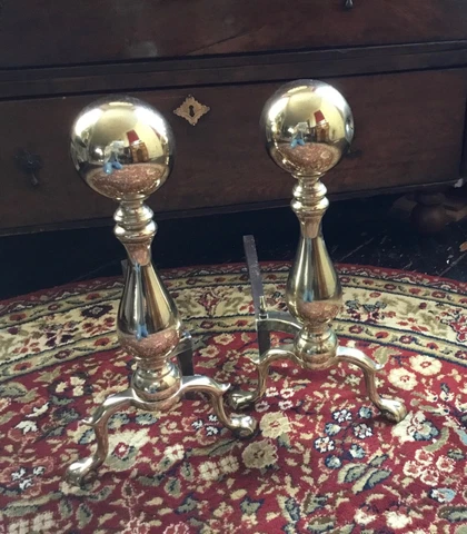 Antique brass fireplace andirons, cannon ball top claw foot 17” tall,  LI p/u Cover
