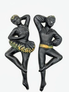  Vintage 12" Pair MCM Ballet Dancers Male Female Chalkware Black Gold - Picture 1 of 5