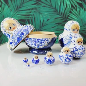Russische Nestelpuppen blau weiß handbemalt Matroschka Puppe 9 Stück - Bild 1 von 12