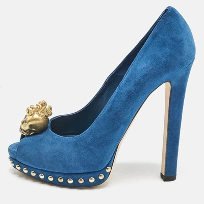 Alexander McQueen Blue Suede Skull Peep Toe Pumps Size 36.5 - Image 1 of 4