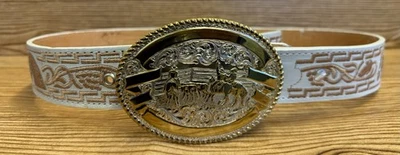 Cinturón Hombre Cuero Blanco Caballo Bordado Dorado Tono Plata Hebilla Grande Talla 42 Foto 1 de 4