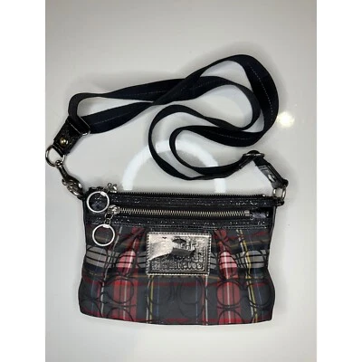 Bolso Bandolera Coach Cuadros Anillos Tartán Negro Cartera Pequeño Rojo Verde Logotipo agrietado Foto 1 de 4