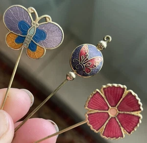 Lot 3 Gold Tone Butterfly Flower Cloisonné Enamel Vintage Stick Pins Brooches - Picture 1 of 7