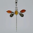 Multi-Color BALTIC AMBER Dragonfly Pendant 925 STERLING SILVER Poland #2803e