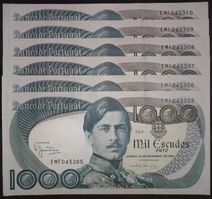 Portugal 6 X 1000 escudos 1980 consecutive serial numbers AUNC/UNC - Picture 1 of 2