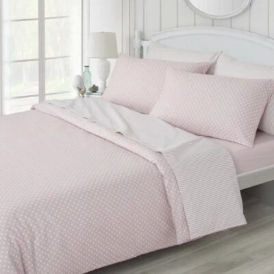 JANSONS DIRECT LINENS 100% Brushed Cotton Spots & Stripes Design Duvet Cover in Pink & White King Size