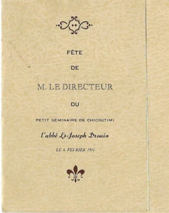 1951 ANCIEN PROGRAMME POUR LA FÊTE DE M. LE DIRECTEUR AU SÉMINAIRE DE CHICOUTIMI - Foto 1 di 2