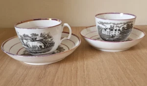 2x Georgian/Regency Rathbone Pink Luster Bat Printed Tea Cup & Saucer, c.1810 - Picture 1 of 9