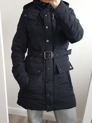 345€ COP COPINE ZUBANA DOWN JACKET COAT S 36 BLACK HOODED BELTED MID LENGTH - Image 1 of 4