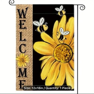 Garden Flag, Welcome Bees, 12”x18”, Burlap Polyester Doublesided - Picture 1 of 5
