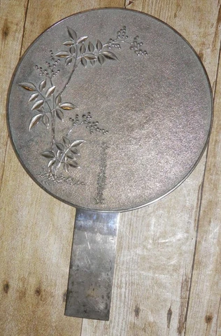 Antique Oriental Japanese Hand Mirror - Repousse Blossom Tree Detailing Cover