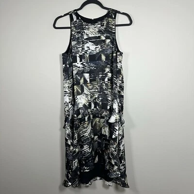 Club Monaco размер 4 черный абстрактный 100% шелк оборки ярусный платье без рукавов - Изображение 1 из 4