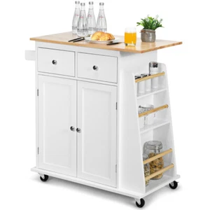 Rolling Kitchen Island Utility Trolley w/Storage Cabinet & Spice Side Rack White - Picture 1 of 6