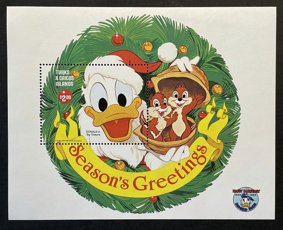 SELOS DE NATAL TURCOS E CAICOS DISNEY SS 1984 MNH DONALD DUCK 50º ANIVERSÁRIO - Imagem 1 de 1
