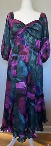 Hutch Printed Twist-Front Puff-Sleeve Ruffle-Hem Dress, Turquoise, XL Petite - Picture 1 of 7