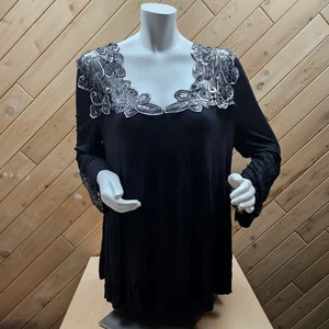 HSN Joan Boyce Top Silver Lace Cutout Neck Sleeve Black Long Sleeve 95% Viscose - Picture 1 of 8