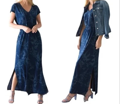 Vestido maxi de malha floral White House Black Market Jetsetter denim look com fendas G  - Imagem 1 de 4