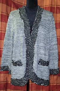 PETER NYGARD SZ XL Cardigan Open Front Sweater Crochet Accent Black/White Mix - Picture 1 of 10