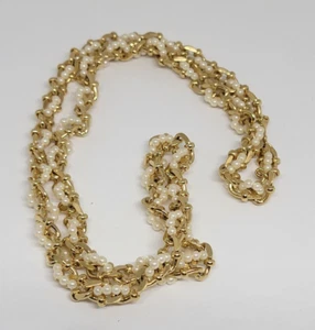 Collana maglia vintage 1950-1960 perline finte perle intrecciate tono oro 29" - Foto 1 di 7